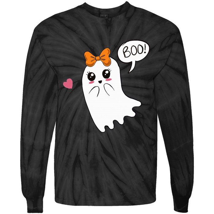 Cute Ghost with Bow Saying Boo Halloween Heart Tie-Dye Long Sleeve Shirt