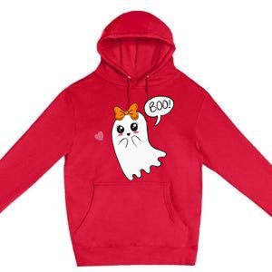 Cute Ghost with Bow Saying Boo Halloween Heart Premium Pullover Hoodie