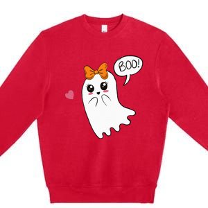 Cute Ghost with Bow Saying Boo Halloween Heart Premium Crewneck Sweatshirt