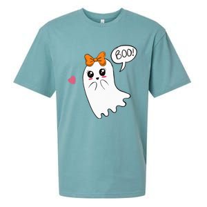 Cute Ghost with Bow Saying Boo Halloween Heart Sueded Cloud Jersey T-Shirt