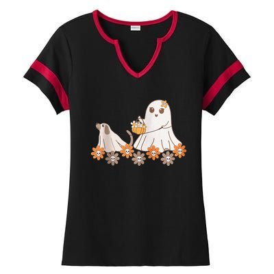 Cute Ghost Walking Dog Ladies Halftime Notch Neck Tee