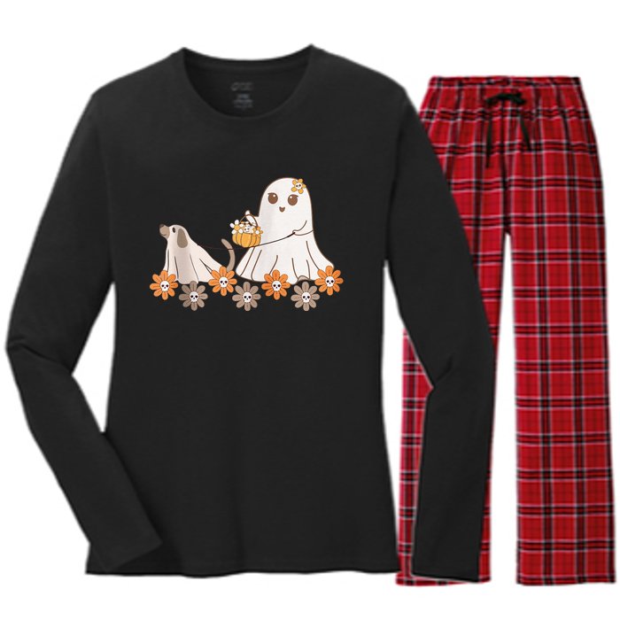 Cute Ghost Walking Dog Women's Long Sleeve Flannel Pajama Set 