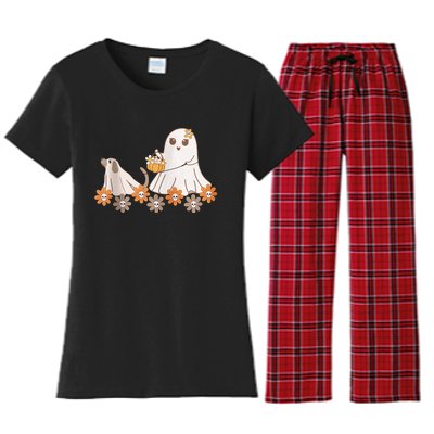 Cute Ghost Walking Dog Women's Flannel Pajama Set