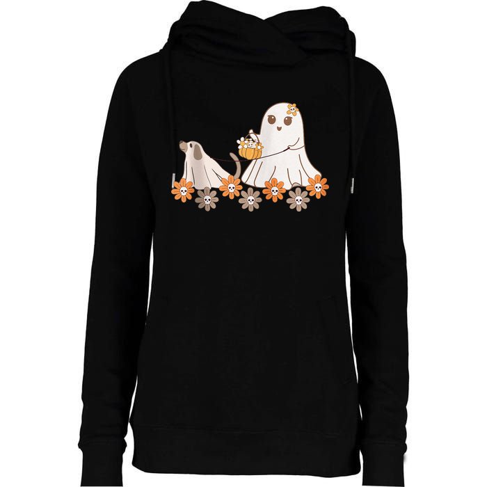 Cute Ghost Walking Dog Womens Funnel Neck Pullover Hood