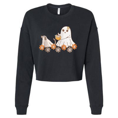 Cute Ghost Walking Dog Cropped Pullover Crew