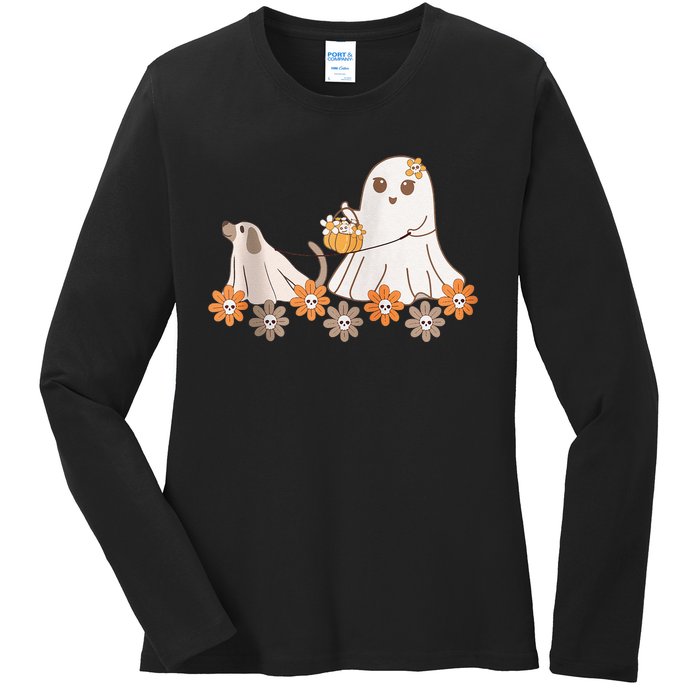 Cute Ghost Walking Dog Ladies Long Sleeve Shirt