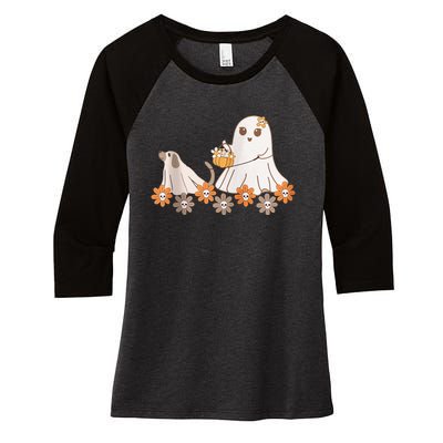 Cute Ghost Walking Dog Women's Tri-Blend 3/4-Sleeve Raglan Shirt