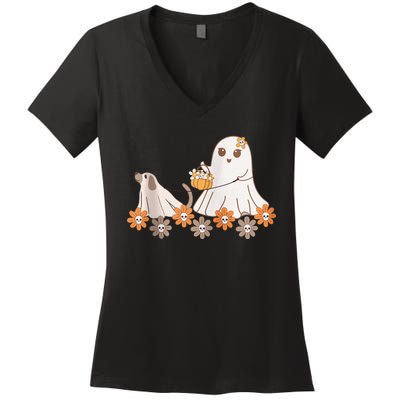 Cute Ghost Walking Dog Women's V-Neck T-Shirt