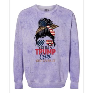 Cute Gift Yes IM A Trump Girl Get Over Trump 2024 Messy Bun Leopard Colorblast Crewneck Sweatshirt