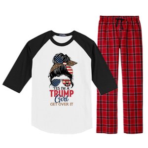 Cute Gift Yes IM A Trump Girl Get Over Trump 2024 Messy Bun Leopard Raglan Sleeve Pajama Set