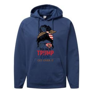 Cute Gift Yes IM A Trump Girl Get Over Trump 2024 Messy Bun Leopard Performance Fleece Hoodie