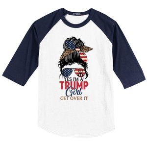 Cute Gift Yes IM A Trump Girl Get Over Trump 2024 Messy Bun Leopard Baseball Sleeve Shirt