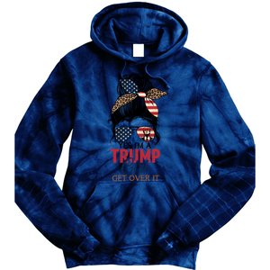 Cute Gift Yes IM A Trump Girl Get Over Trump 2024 Messy Bun Leopard Tie Dye Hoodie