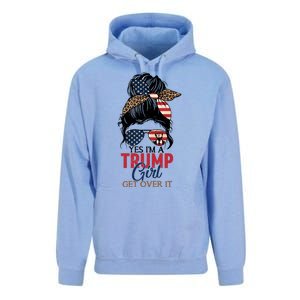 Cute Gift Yes IM A Trump Girl Get Over Trump 2024 Messy Bun Leopard Unisex Surf Hoodie