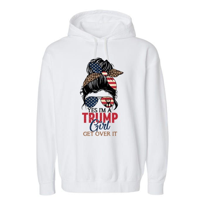 Cute Gift Yes IM A Trump Girl Get Over Trump 2024 Messy Bun Leopard Garment-Dyed Fleece Hoodie