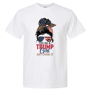 Cute Gift Yes IM A Trump Girl Get Over Trump 2024 Messy Bun Leopard Garment-Dyed Heavyweight T-Shirt