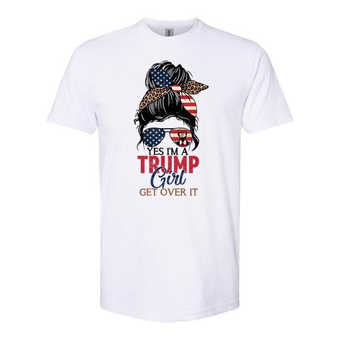 Cute Gift Yes IM A Trump Girl Get Over Trump 2024 Messy Bun Leopard Softstyle CVC T-Shirt