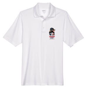 Cute Gift Yes IM A Trump Girl Get Over Trump 2024 Messy Bun Leopard Men's Origin Performance Pique Polo