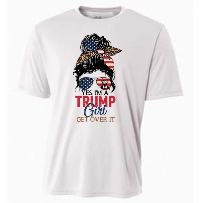 Cute Gift Yes IM A Trump Girl Get Over Trump 2024 Messy Bun Leopard Cooling Performance Crew T-Shirt