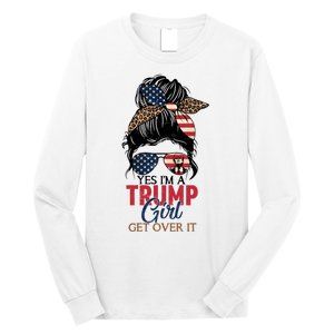 Cute Gift Yes IM A Trump Girl Get Over Trump 2024 Messy Bun Leopard Long Sleeve Shirt