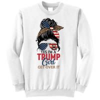 Cute Gift Yes IM A Trump Girl Get Over Trump 2024 Messy Bun Leopard Sweatshirt