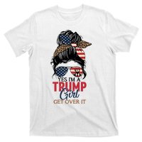 Cute Gift Yes IM A Trump Girl Get Over Trump 2024 Messy Bun Leopard T-Shirt