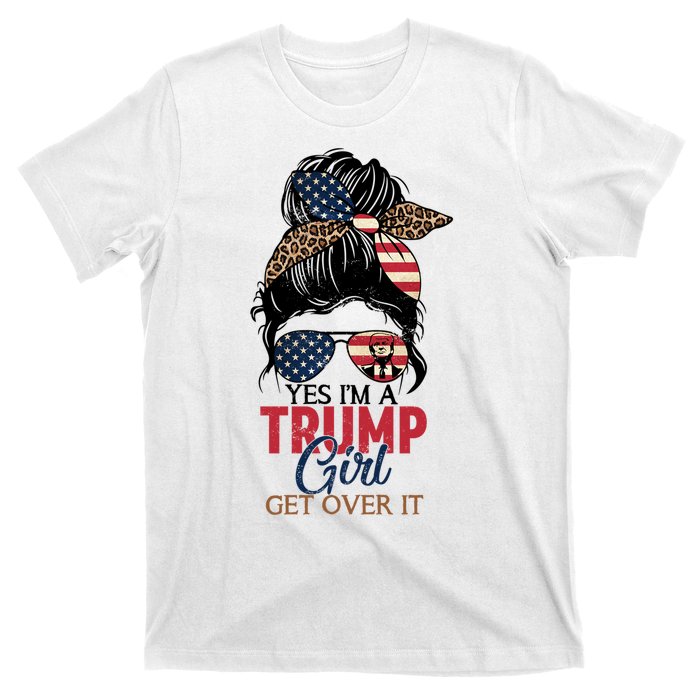 Cute Gift Yes IM A Trump Girl Get Over Trump 2024 Messy Bun Leopard T-Shirt