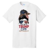 Cute Gift Yes IM A Trump Girl Get Over Trump 2024 Messy Bun Leopard Tall T-Shirt