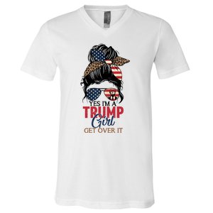 Cute Gift Yes IM A Trump Girl Get Over Trump 2024 Messy Bun Leopard V-Neck T-Shirt