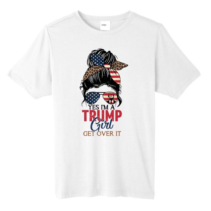 Cute Gift Yes IM A Trump Girl Get Over Trump 2024 Messy Bun Leopard Tall Fusion ChromaSoft Performance T-Shirt