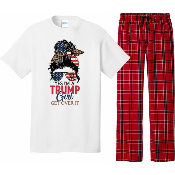 Cute Gift Yes IM A Trump Girl Get Over Trump 2024 Messy Bun Leopard Pajama Set