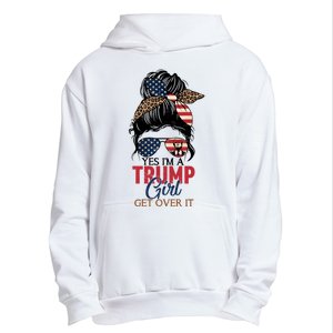 Cute Gift Yes IM A Trump Girl Get Over Trump 2024 Messy Bun Leopard Urban Pullover Hoodie