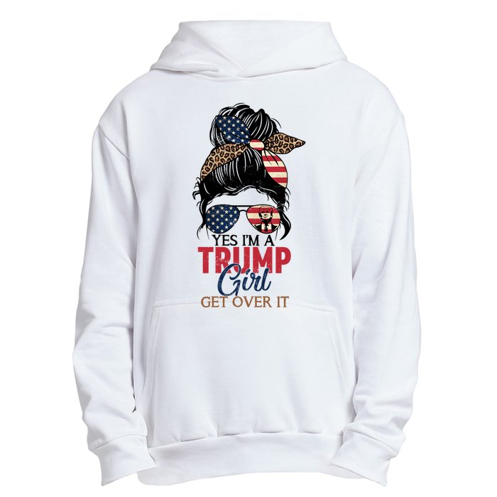 Cute Gift Yes IM A Trump Girl Get Over Trump 2024 Messy Bun Leopard Urban Pullover Hoodie