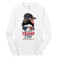 Cute Gift Yes IM A Trump Girl Get Over Trump 2024 Messy Bun Leopard Tall Long Sleeve T-Shirt