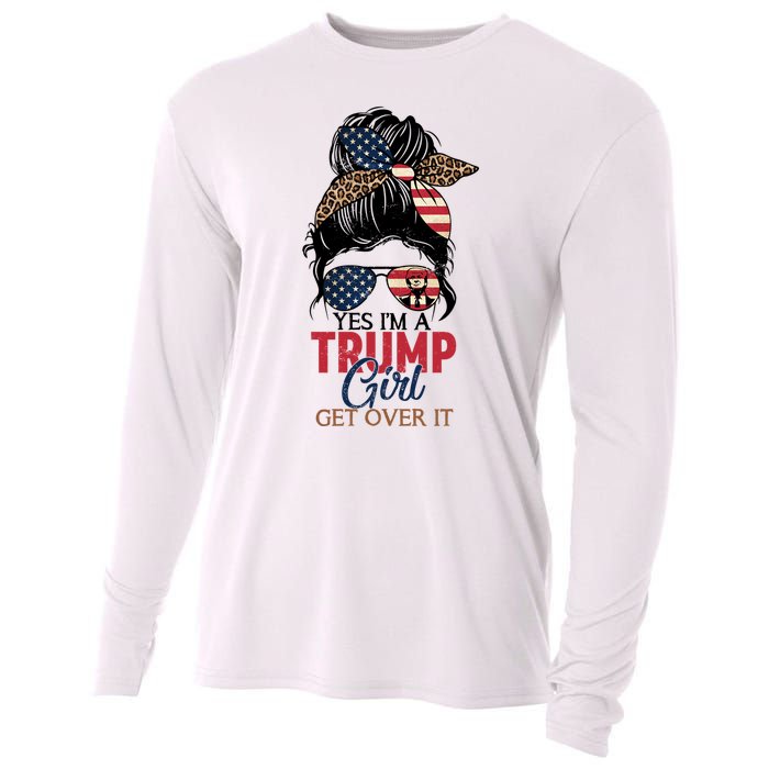 Cute Gift Yes IM A Trump Girl Get Over Trump 2024 Messy Bun Leopard Cooling Performance Long Sleeve Crew