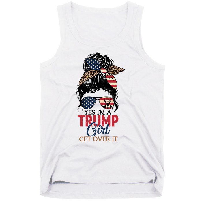 Cute Gift Yes IM A Trump Girl Get Over Trump 2024 Messy Bun Leopard Tank Top