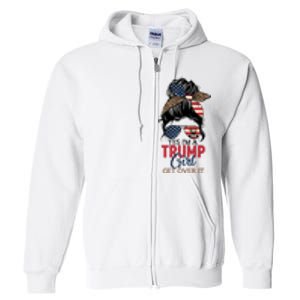 Cute Gift Yes IM A Trump Girl Get Over Trump 2024 Messy Bun Leopard Full Zip Hoodie