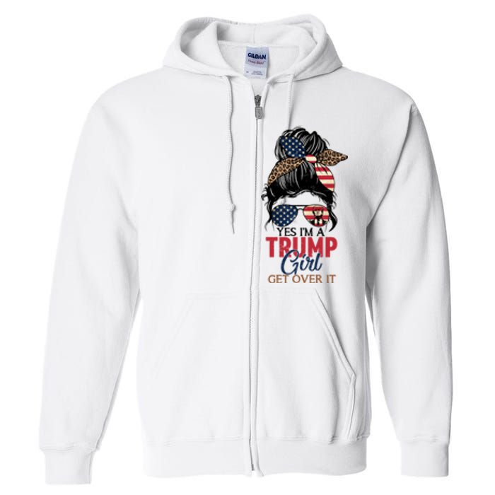 Cute Gift Yes IM A Trump Girl Get Over Trump 2024 Messy Bun Leopard Full Zip Hoodie