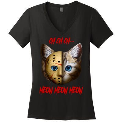 Ch Ch Ch Meow Meow Meow Cat Horror Movie Women's V-Neck T-Shirt