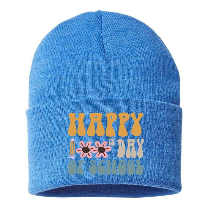 Cute Happy 100th Day Of School Teacher 100 Days Flowers Gift Sustainable Knit Beanie