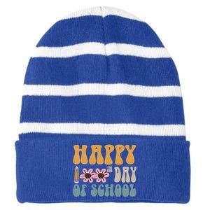 Cute Happy 100th Day Of School Teacher 100 Days Flowers Gift Striped Beanie with Solid Band