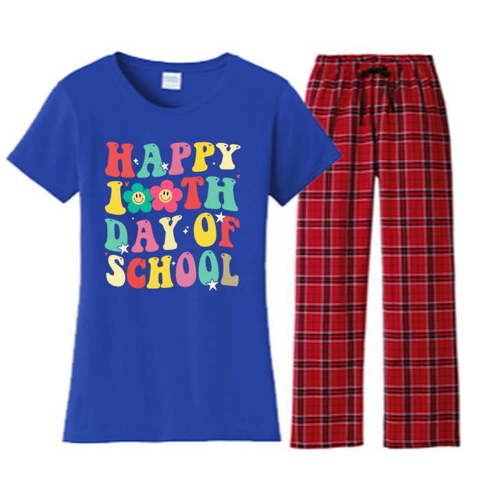 Cute Happy 100th Day Of School Teacher 100 Days Groovy Cute Gift Women's Flannel Pajama Set