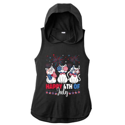 Cat Happy 4th Of July American Flag Red White Blue Cat Lover Ladies PosiCharge Tri-Blend Wicking Draft Hoodie Tank