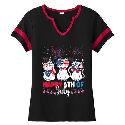 Cat Happy 4th Of July American Flag Red White Blue Cat Lover Ladies Halftime Notch Neck Tee