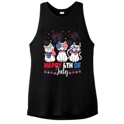 Cat Happy 4th Of July American Flag Red White Blue Cat Lover Ladies PosiCharge Tri-Blend Wicking Tank