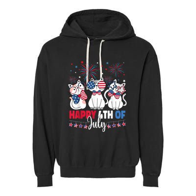 Cat Happy 4th Of July American Flag Red White Blue Cat Lover Garment-Dyed Fleece Hoodie