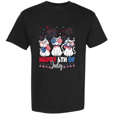 Cat Happy 4th Of July American Flag Red White Blue Cat Lover Garment-Dyed Heavyweight T-Shirt