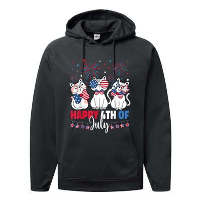 Cat Happy 4th Of July American Flag Red White Blue Cat Lover Performance Fleece Hoodie