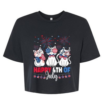 Cat Happy 4th Of July American Flag Red White Blue Cat Lover Bella+Canvas Jersey Crop Tee