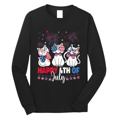 Cat Happy 4th Of July American Flag Red White Blue Cat Lover Long Sleeve Shirt